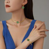 TZ013 Lucky Flower Stainless Steel Jewelry 18K Gold Plated Green CZ Necklace Bracelet Earrings Set Non Tarnish