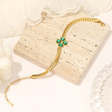 TZ013 Lucky Flower Stainless Steel Jewelry 18K Gold Plated Green CZ Necklace Bracelet Earrings Set Non Tarnish