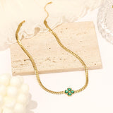 TZ013 Lucky Flower Stainless Steel Jewelry 18K Gold Plated Green CZ Necklace Bracelet Earrings Set Non Tarnish
