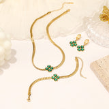 TZ013 Lucky Flower Stainless Steel Jewelry 18K Gold Plated Green CZ Necklace Bracelet Earrings Set Non Tarnish