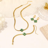 TZ013 Lucky Flower Stainless Steel Jewelry 18K Gold Plated Green CZ Necklace Bracelet Earrings Set Non Tarnish