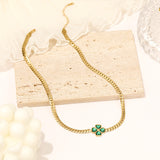 TZ013 Lucky Flower Stainless Steel Jewelry 18K Gold Plated Green CZ Necklace Bracelet Earrings Set Non Tarnish