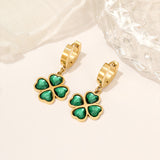 TZ013 Lucky Flower Stainless Steel Jewelry 18K Gold Plated Green CZ Necklace Bracelet Earrings Set Non Tarnish