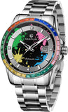 GLENAW Automatic watches for Men- Men's Mechanical Watch, 43mm Large Face Rainbow Diamond Bezel Ink Splatter Dial, Stainless Steel Butterfly Buckle Watch with Date Display, Business Casual Self Winding Wristwatch for Men