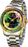 GLENAW Automatic watches for Men- Men's Mechanical Watch, 43mm Large Face Rainbow Diamond Bezel Ink Splatter Dial, Stainless Steel Butterfly Buckle Watch with Date Display, Business Casual Self Winding Wristwatch for Men
